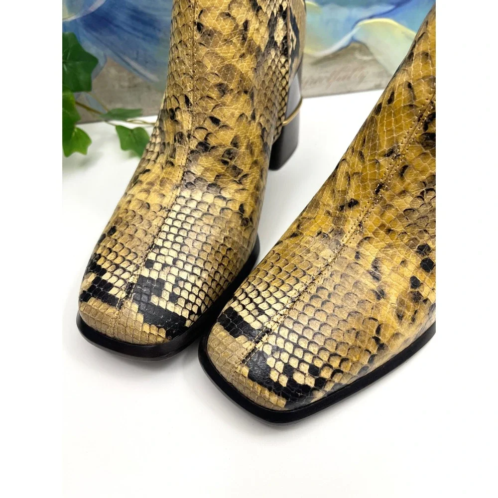 New Tory Burch Snakeskin Embossed Leather Square Toe Ankle Boots 9.5 Yellow